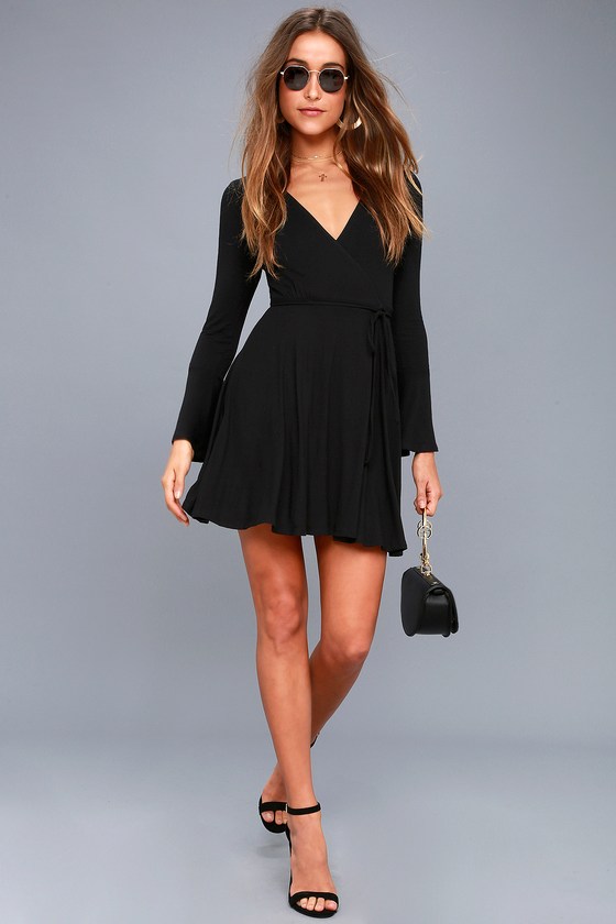 Cute Black Dress - Wrap Dress - Long Flounce Sleeve Dress - Lulus