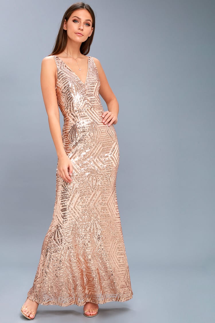 Chic Rose Gold Dress - Sequin Dress - Maxi Dress - Mesh Maxi - Lulus