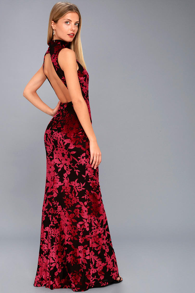Sexy Black and Red Velvet Dress - Floral Print Maxi Dress - Lulus