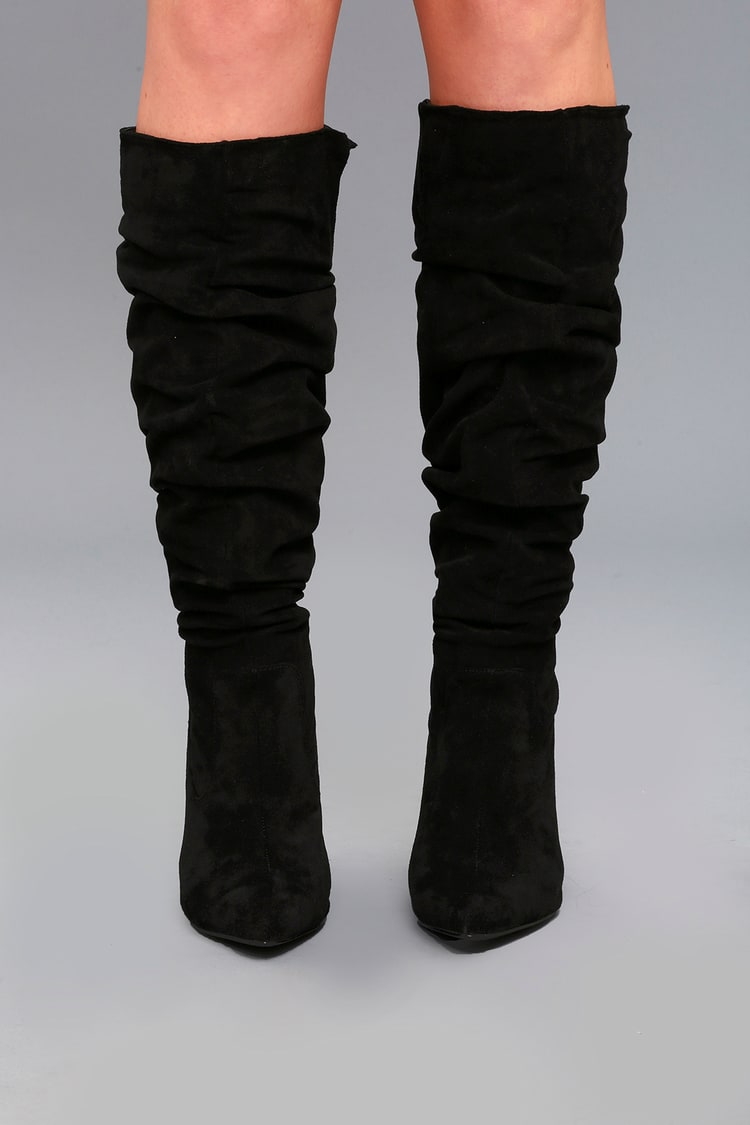 Lulus | Katari Black Suede Pointed-Toe Knee High High Heel Boots | Size 7 | Vegan Friendly