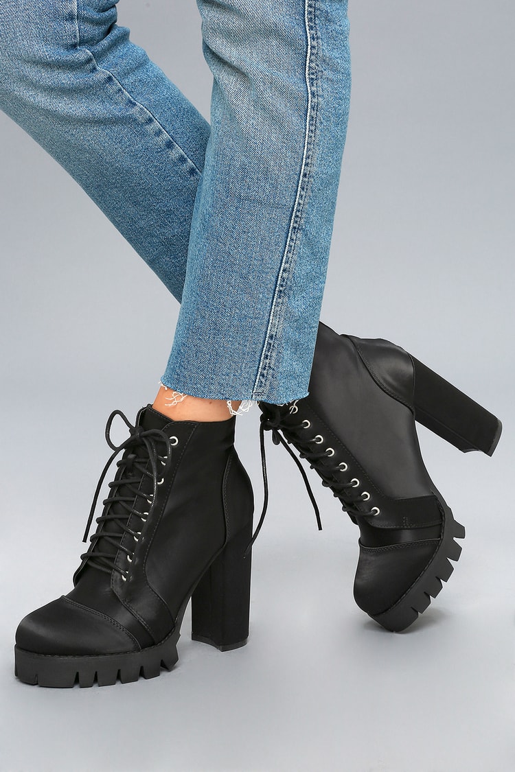 Cool Black Platform Boots - Satin Boots - Lace-Up Boots - Lulus