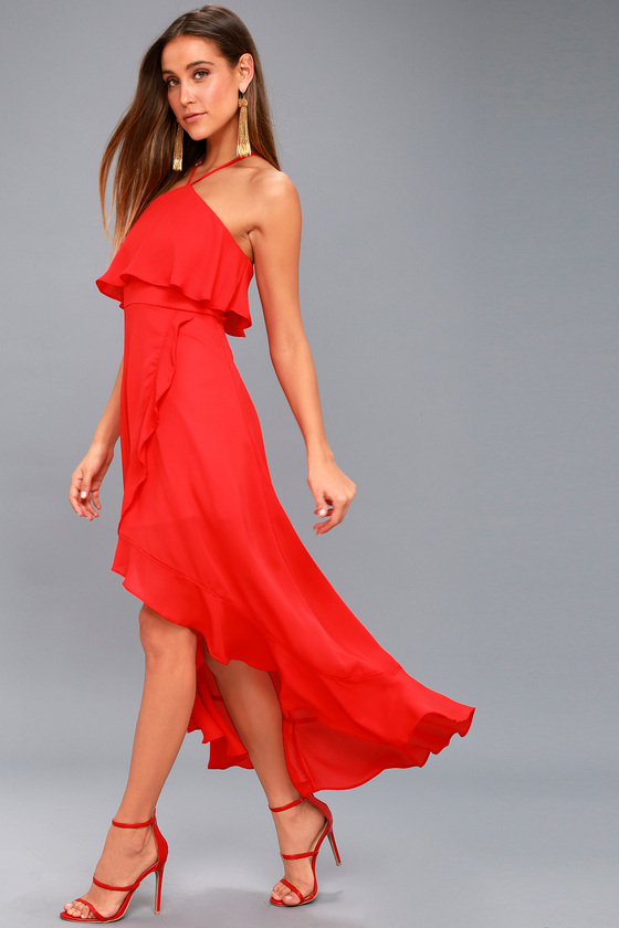 Stunning Red Midi Dress - High Low Dress - Ruffle Dress - Lulus