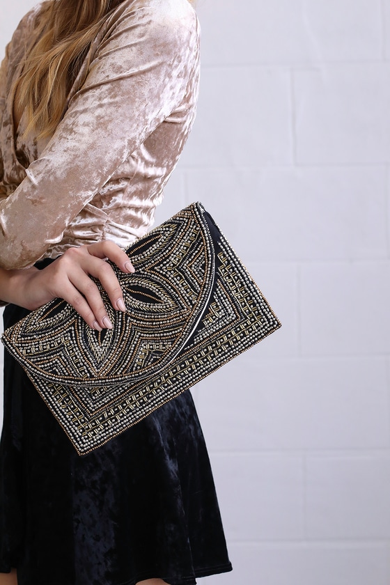 Black beaded clutch sale