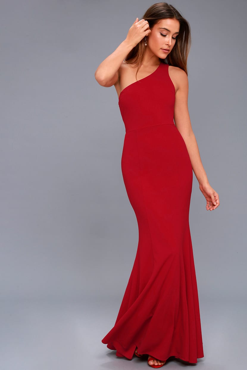 Lovely Wine Red Maxi Dress - One-Shoulder Dress - Lulus