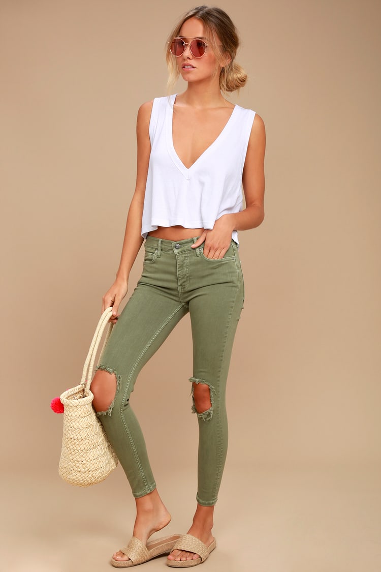 Free People High Rise Jeans - Olive Green Distressed Jeans - Lulus