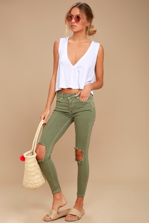 Free People High Rise Jeans - Olive Green Distressed Jeans - Lulus