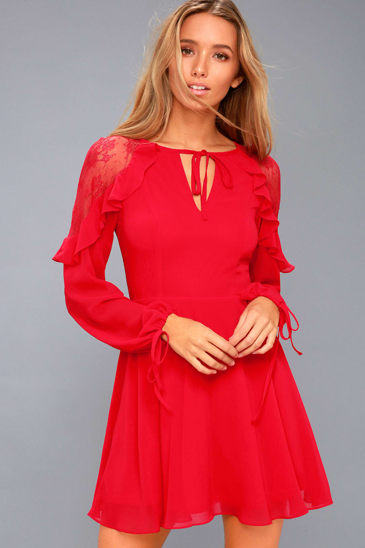 Chic Long Sleeve Lace Skater Dress - Red Dress - Lulus
