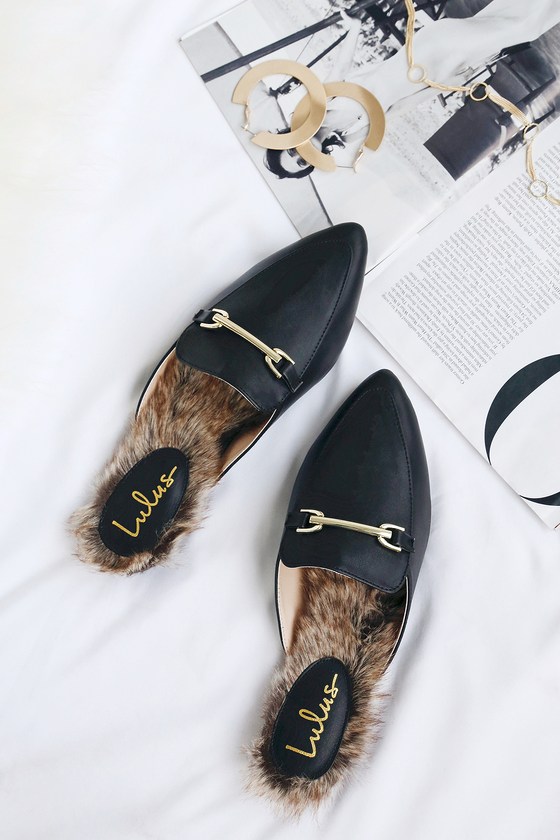 Chic Black Loafer Slides -Faux Fur Loafers - Slip-On Loafers - Lulus