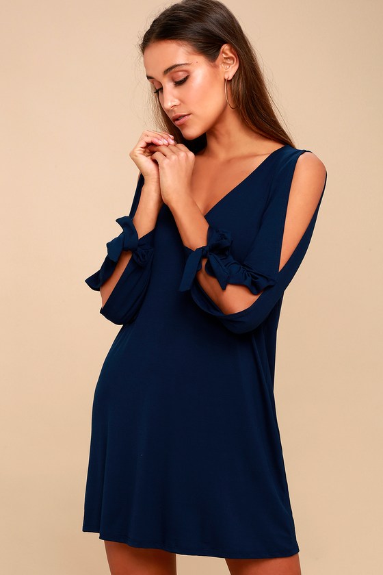 navy blue cold shoulder dress