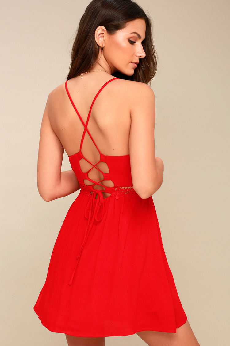 Cute Red Dress - Lace-Up Dress - Skater Dress - Lulus