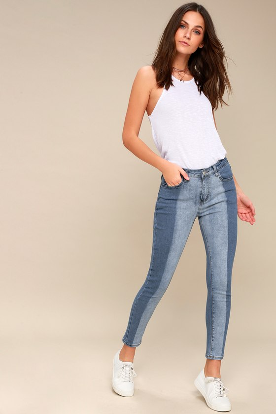 Trendy Two-Tone Skinny Jeans - Two-Tone Medium Wash Jeans - Lulus