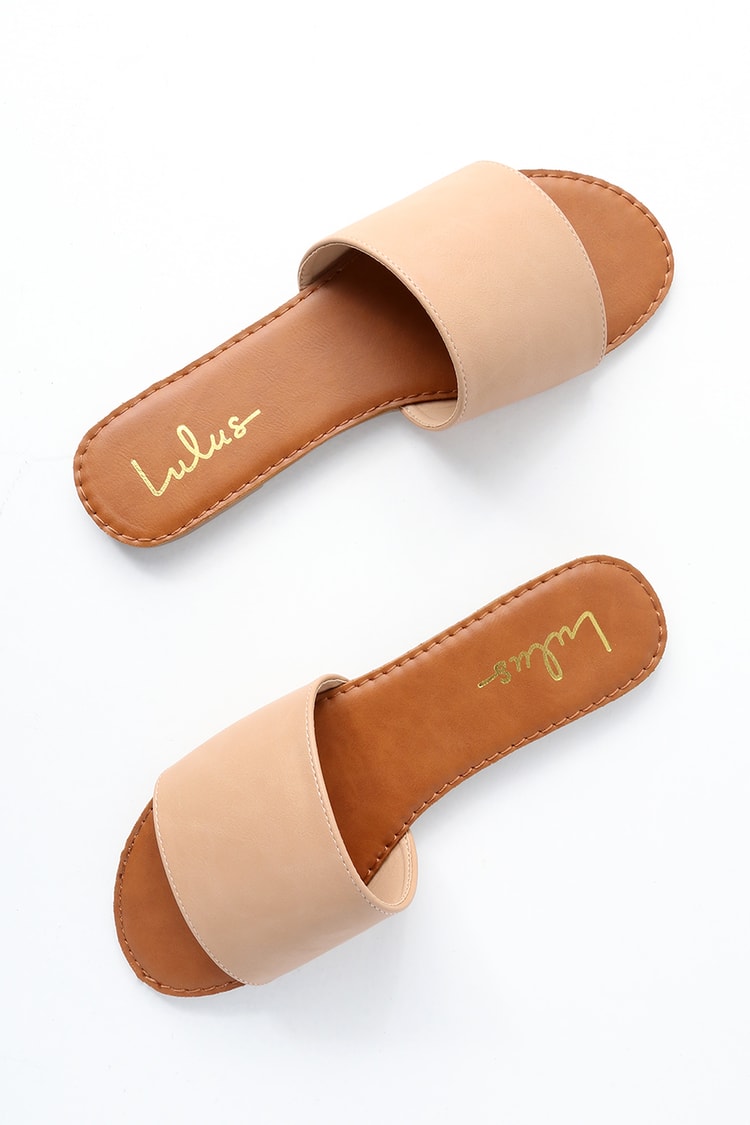 Natural Slide Sandals - Nude Sandals - Vegan Leather Sandals - Lulus