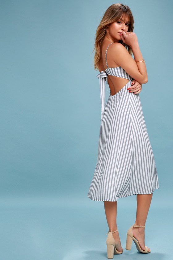 white dress with blue stripes