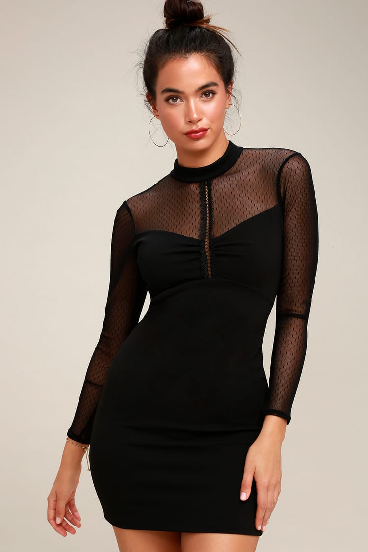 Sexy Black Dress - Mesh Long Sleeve Dress - Bodycon Dress - Lulus
