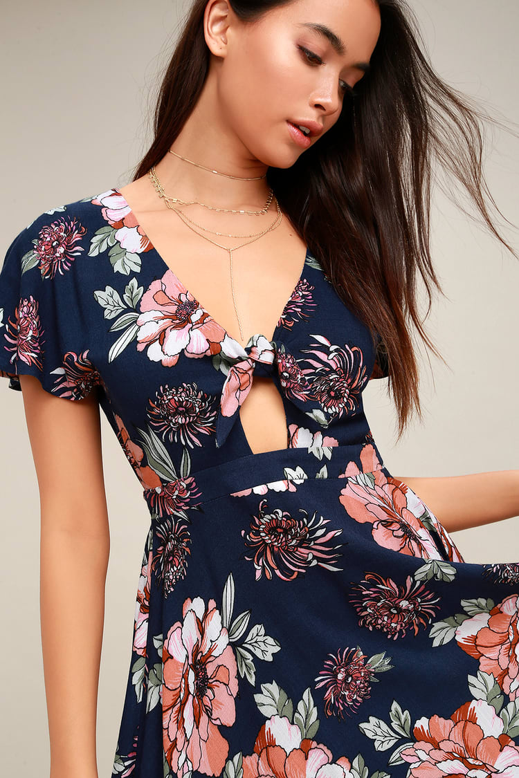 Cute Floral Print Dress - Tie-Front Dress - Skater Dress - Lulus