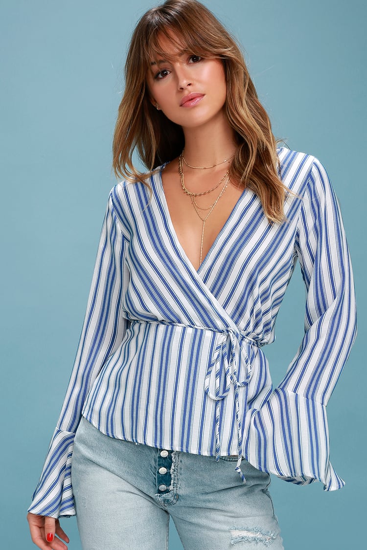 Chic Blue and White Striped Top - Wrap Top - Bell Sleeve Top - Lulus