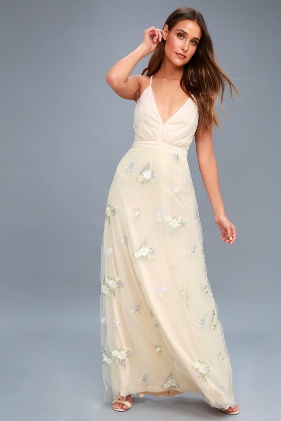 Lulus sold White/Beige Embroidered Tulle Maxi Dress