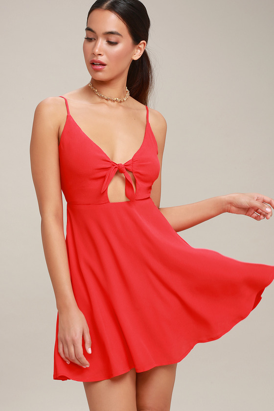 Cute Tie-Front Skater Dress - Red 