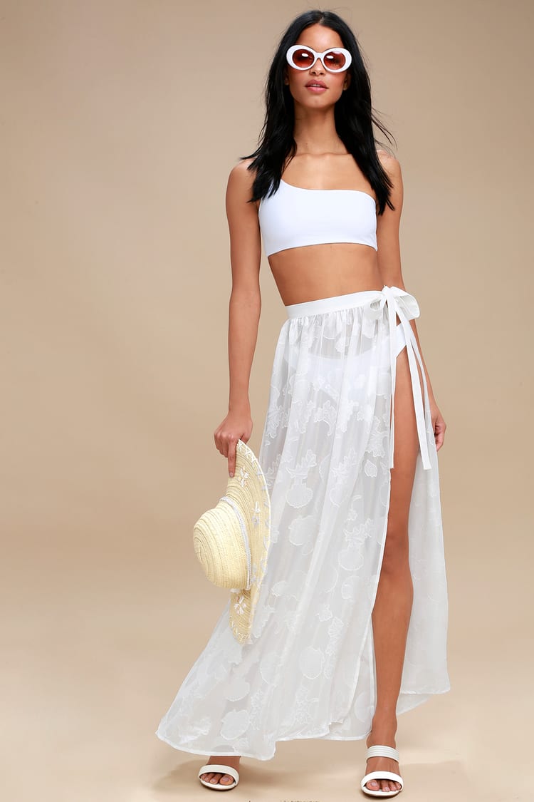 Take the Caicos White Shell Print Cover-Up Maxi Skirt