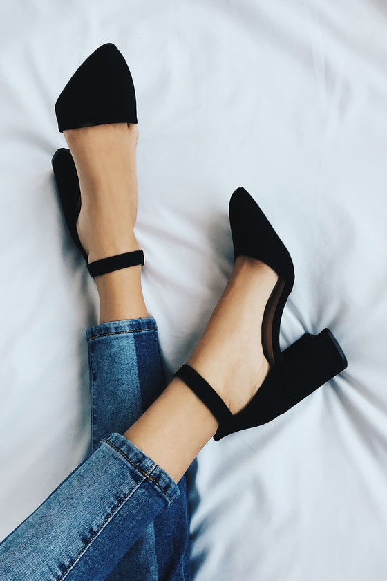 Black - Ankle Strap Heels - Block - Suede - Lulus