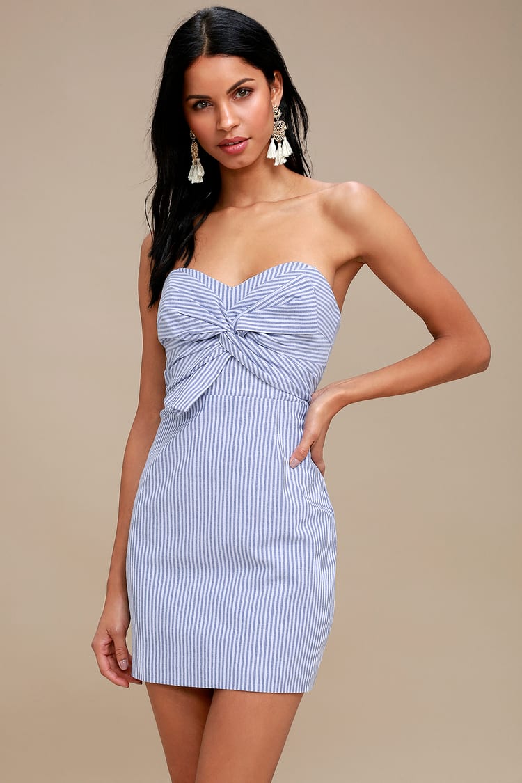 Newport Blue and White Striped Knotted Strapless Dress