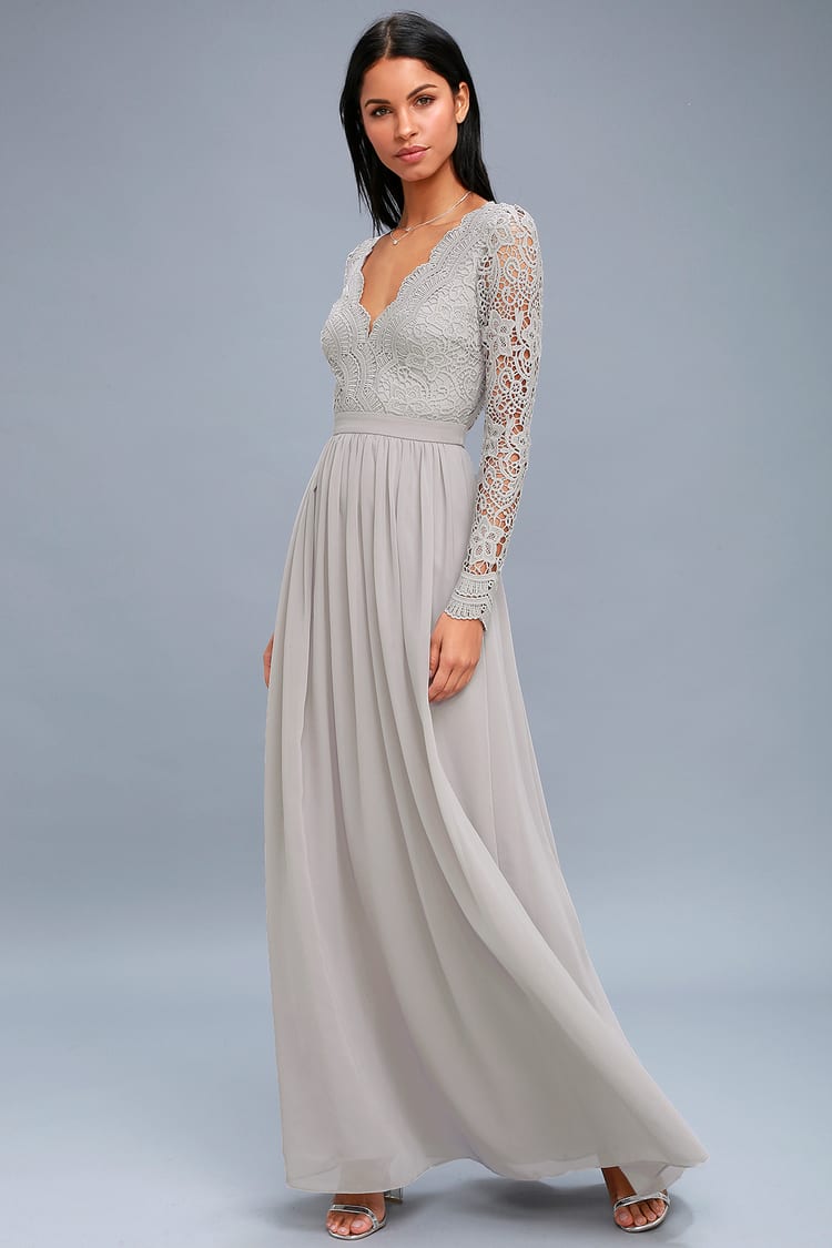 Lovely Light Grey Dress - Lace Long Sleeve Maxi Dress - Lulus
