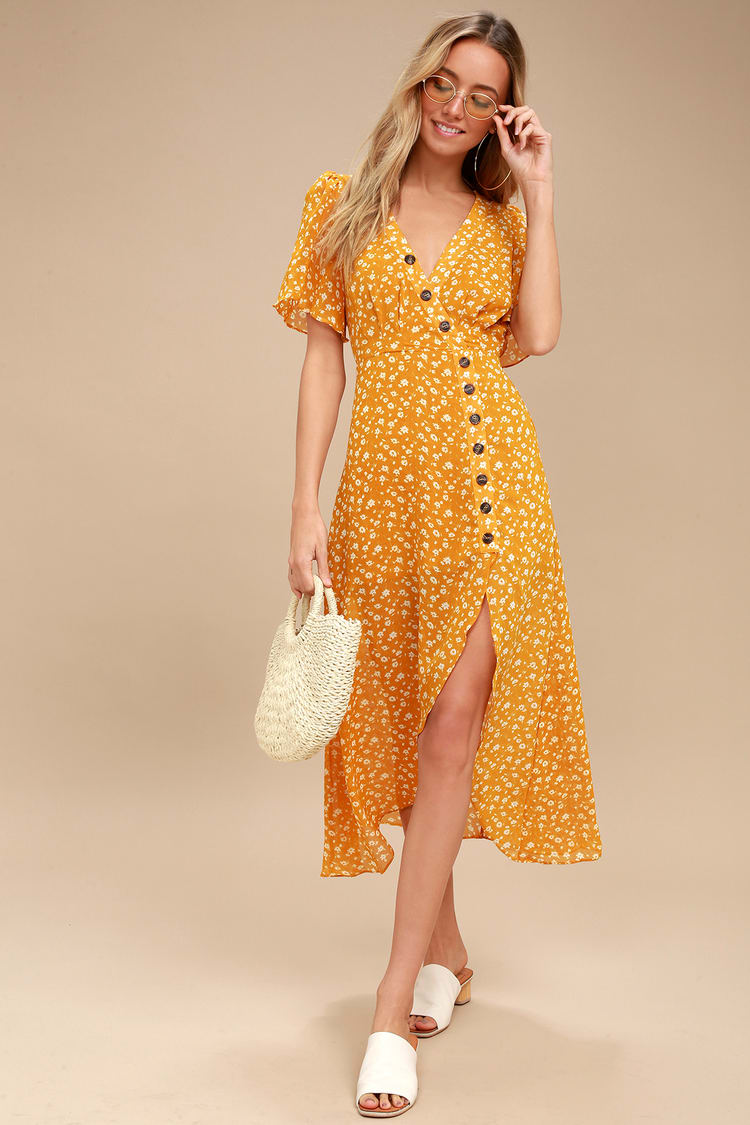 Cute Yellow Floral Print Dress - Midi Dress - High-Low Dress - Lulus