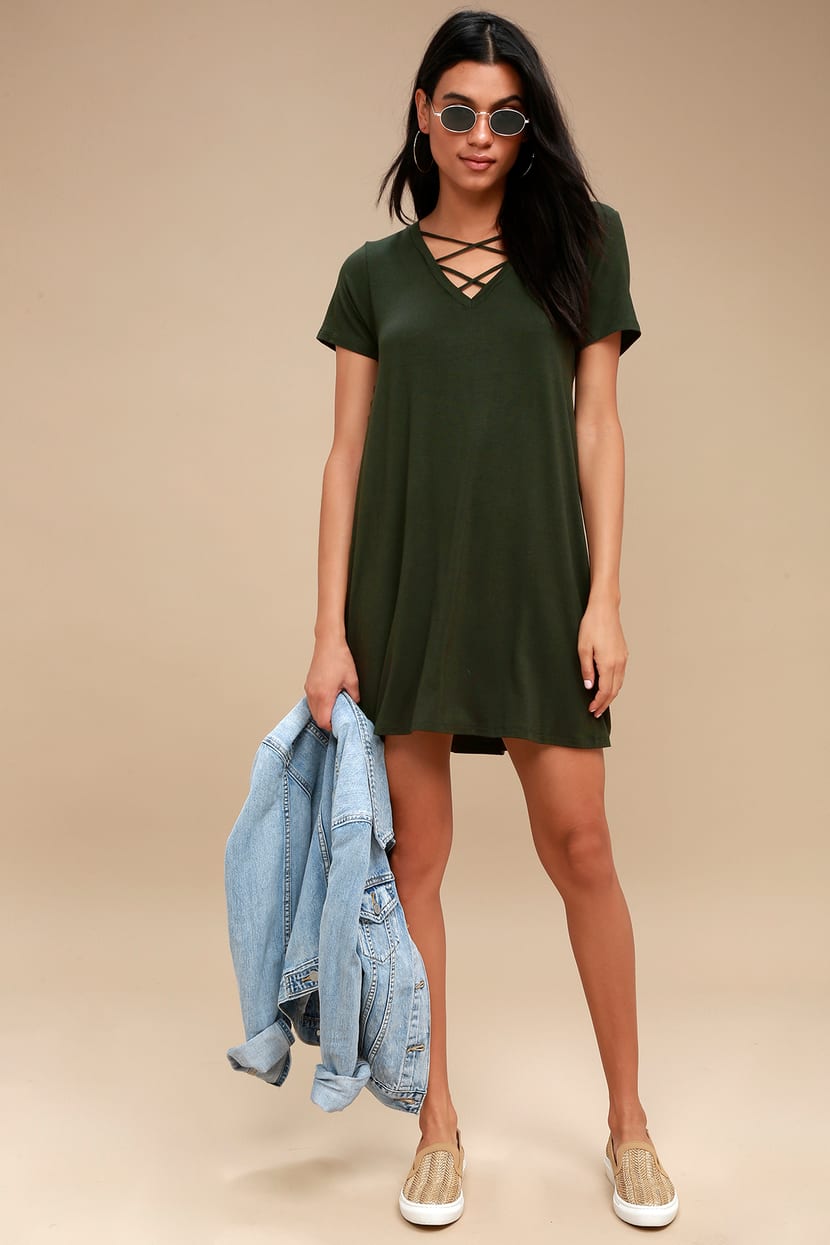 Z Supply Crisscross Tee Dress - Dark Green Shirt Dress - Lulus