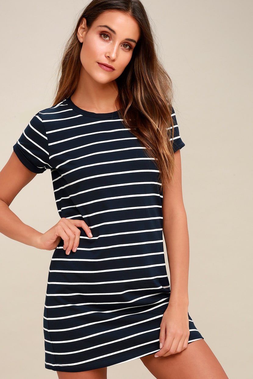 Chic Navy Blue Striped Dress - T-Shirt Dress - Shift Dress - Lulus