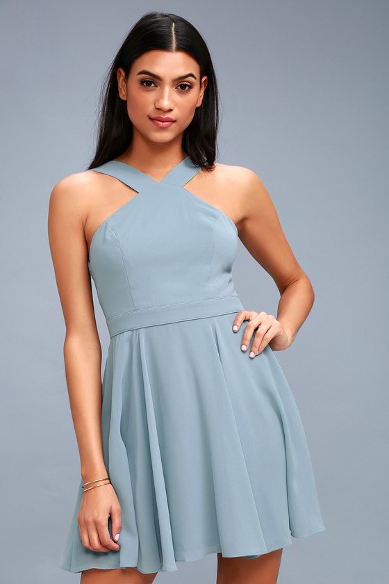 Lovely Light Blue Dress - Halter Dress - Blue Skater Dress - Lulus