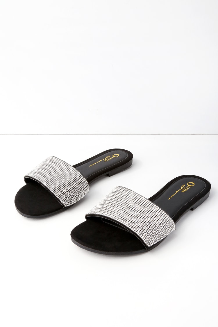 Cute Black Sandals - Vegan Suede Rhinestone Slide Sandals - Lulus