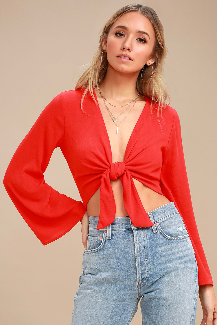 Weekend Wishes Coral Red Tie-Front Long Sleeve Crop Top
