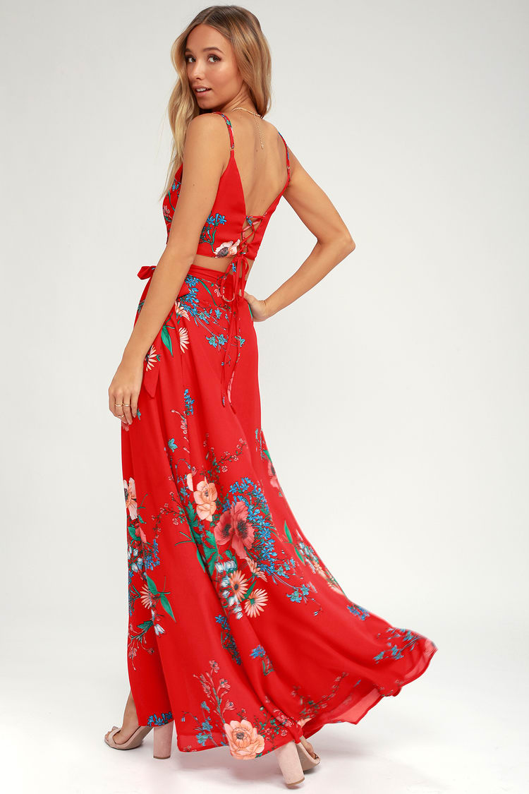 Chic Two-Piece Dress - Floral Print Dress - Red Maxi Dress - Lulus