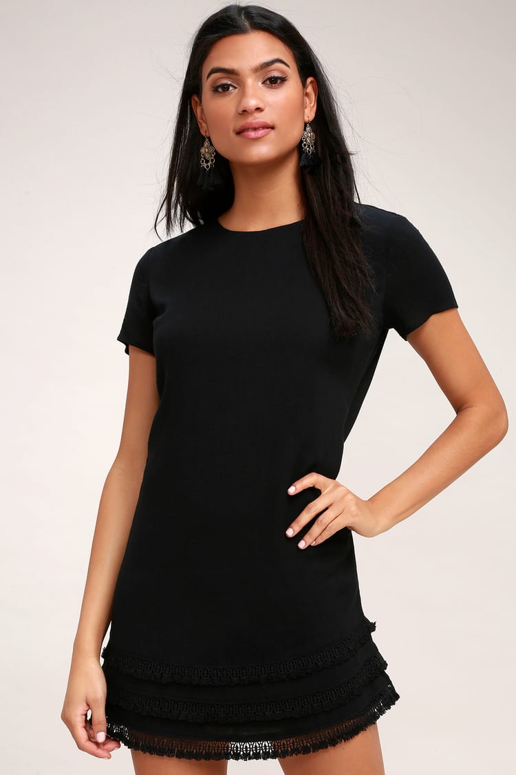 Cute Black Dress - Crochet Trimmed Dress - Shift Dress - Lulus