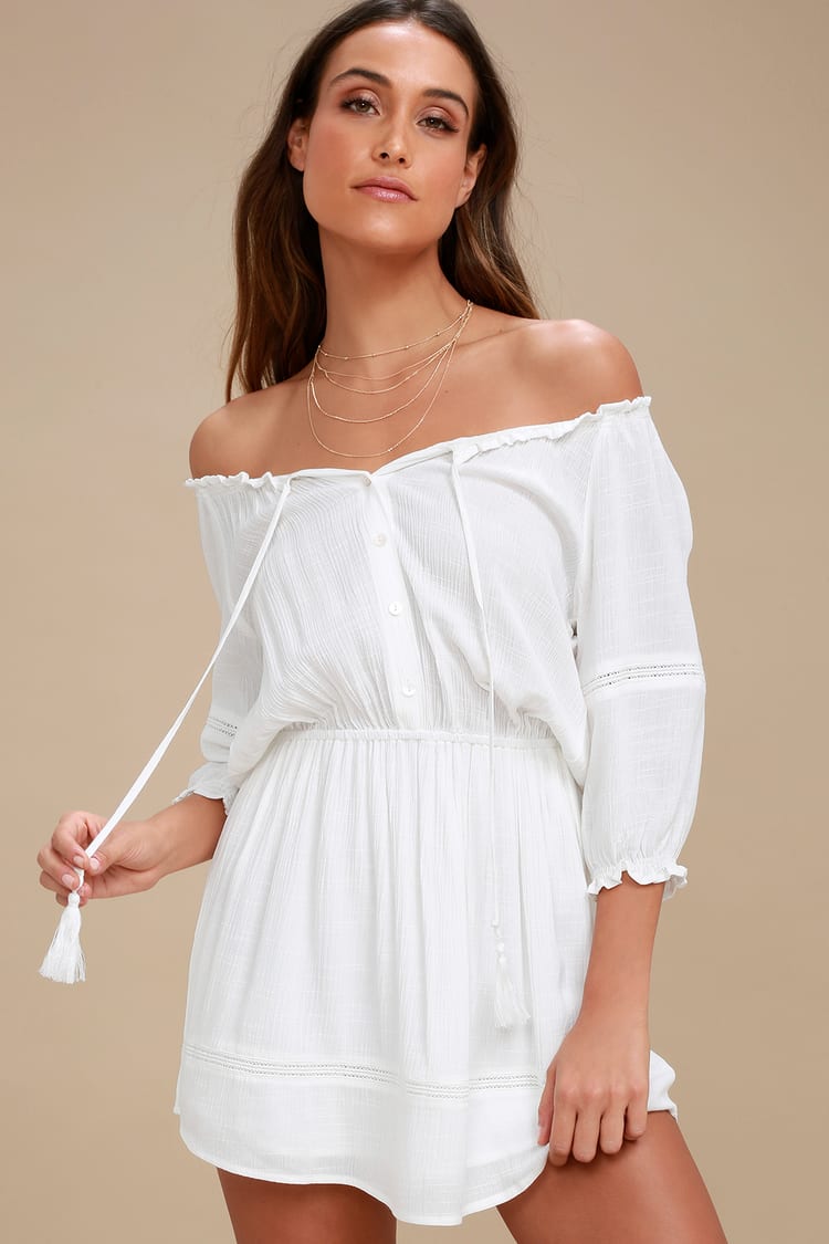 White Boho Dress - Off-the-Shoulder Dress - White Dress - Lulus