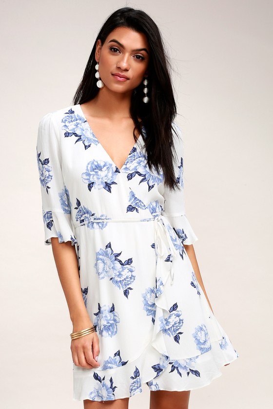 blue and white floral wrap dress