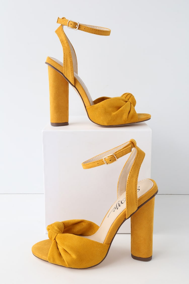Cute Yellow Suede Heels - Peep-Toe Heels - Ankle Strap Heels - Lulus