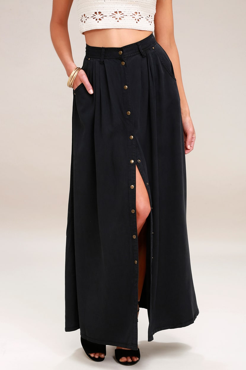 Cute Washed Black Skirt - Maxi Skirt - Button-Up Skirt - Lulus