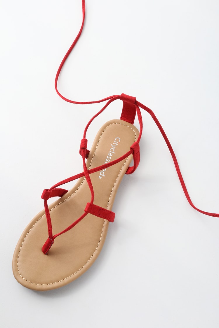Cute Red Sandals - Lace-Up Sandals - Flat Sandals - Lulus