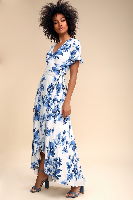 blue and white maxi dress with sleeves