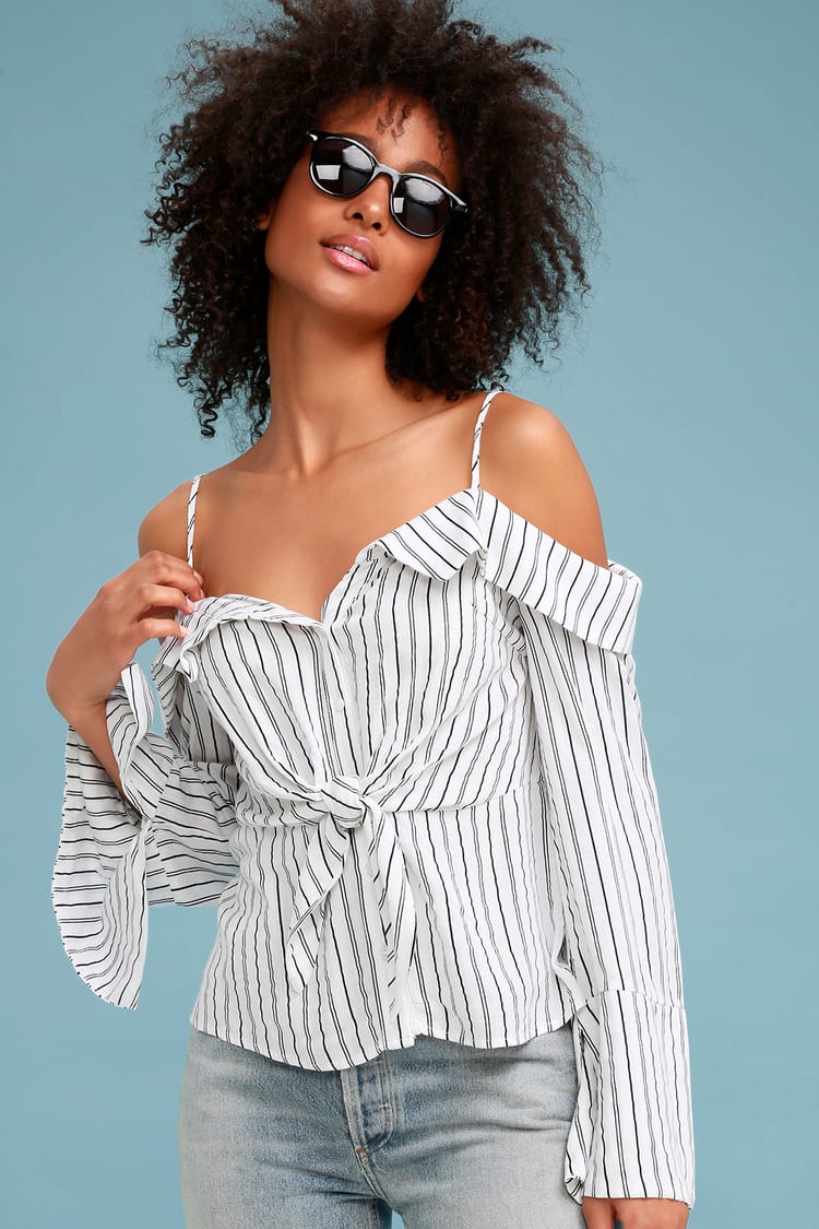 White Striped Top - Off-the-Shoulder Top - Button-Up Top - Lulus