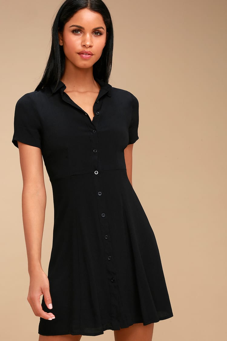 Cute Black Collared Dress - Button-Up Dress - Skater Dress - Lulus