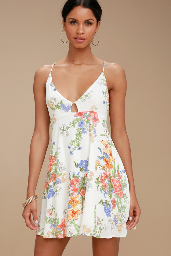 White Floral Print Dress - Swing Dress - Backless Dress - Lulus