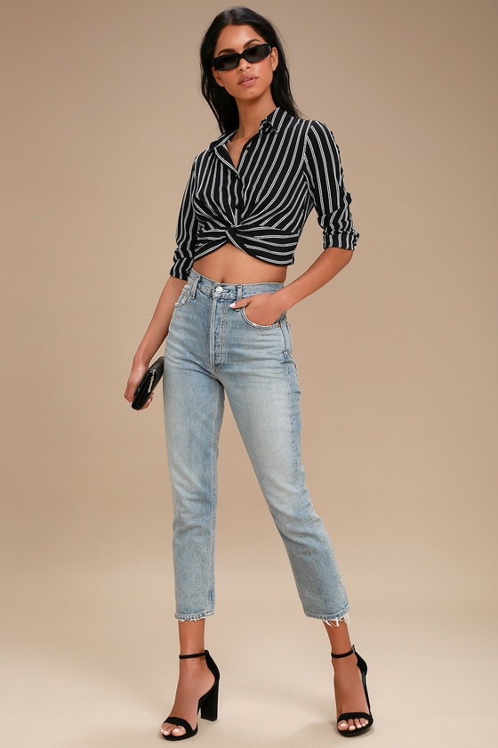 Chic Black Striped Crop Top - Long Sleeve Button-Up Top