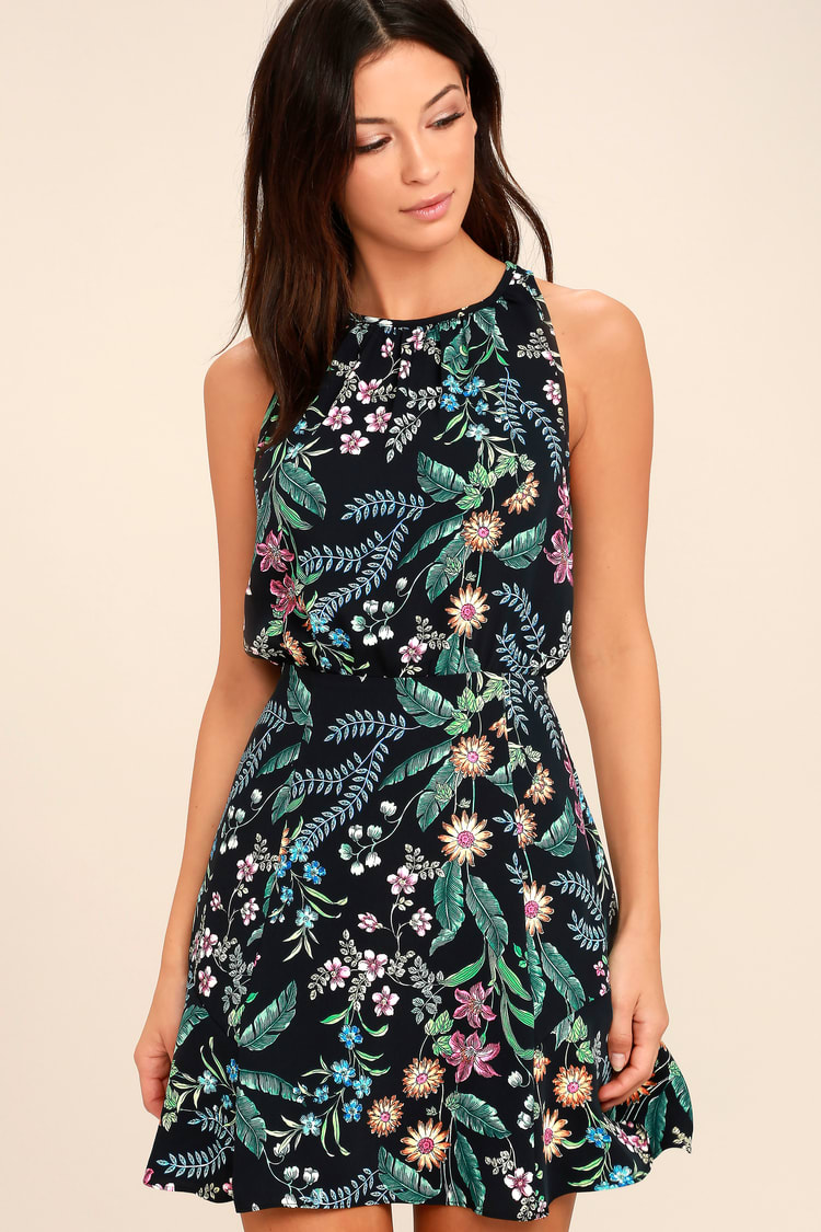 Lovely Black Floral Print Dress - Tropical Print Dress - Black Skater Dress  - $49.00 - Lulus