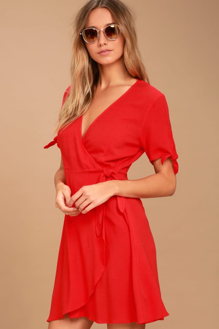 Cute Red Dress - Short Wrap Dress - Short Sleeve Dress - Lulus