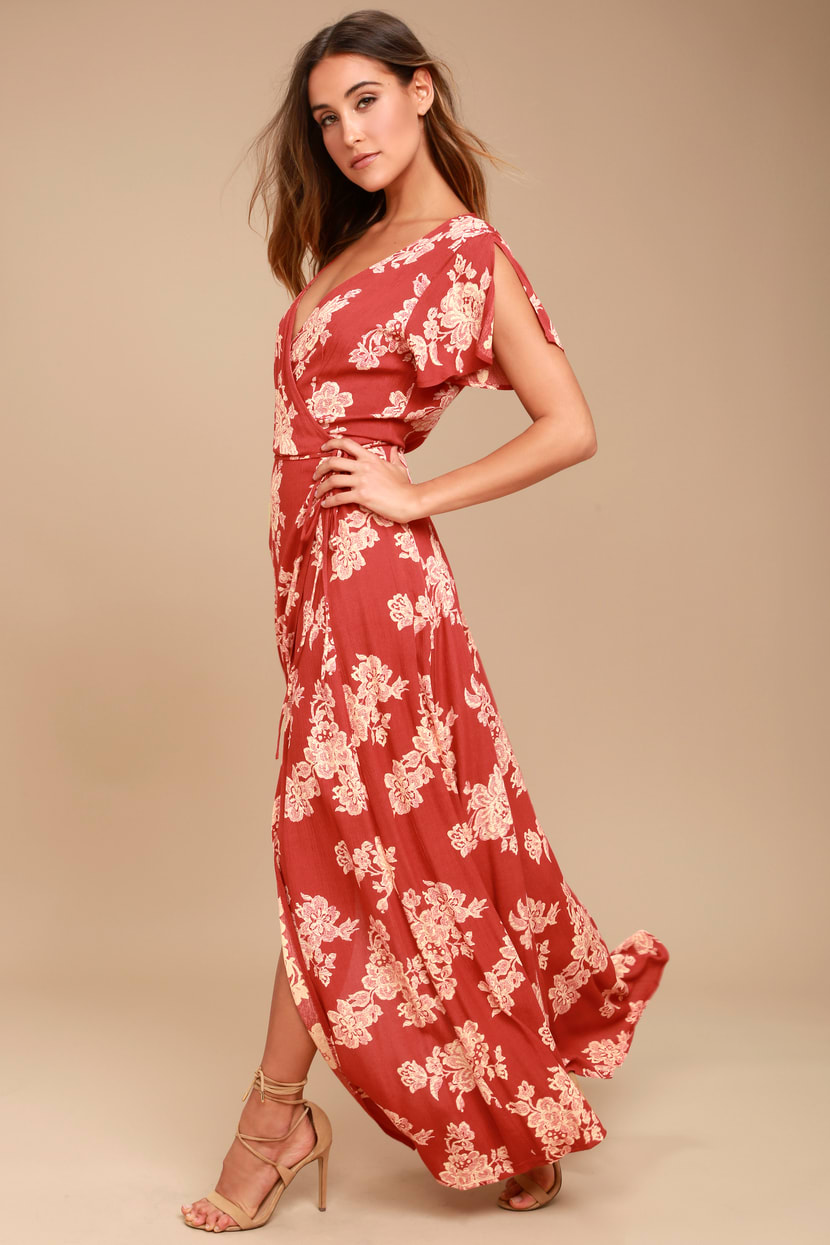 Lovely Rust Red Floral Print Dress - Wrap Dress - Maxi Dress - Lulus