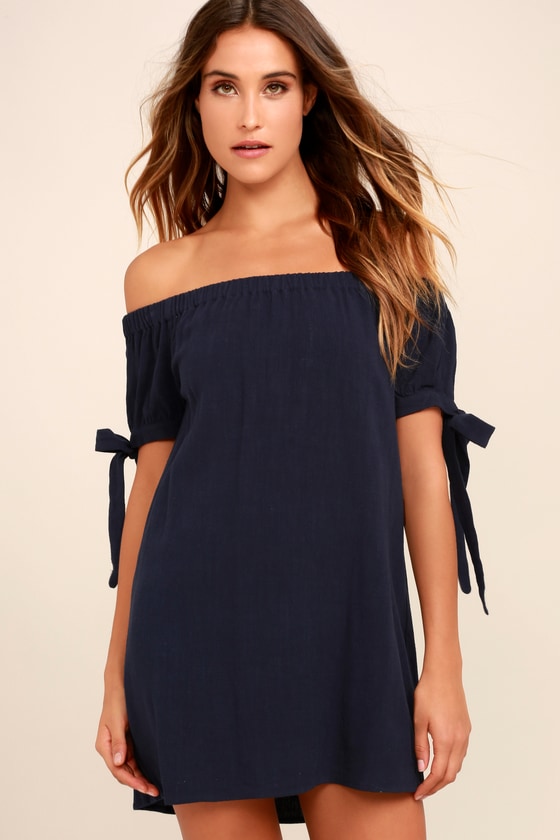 Al Fresco Evenings Navy Blue Off the Shoulder Dress