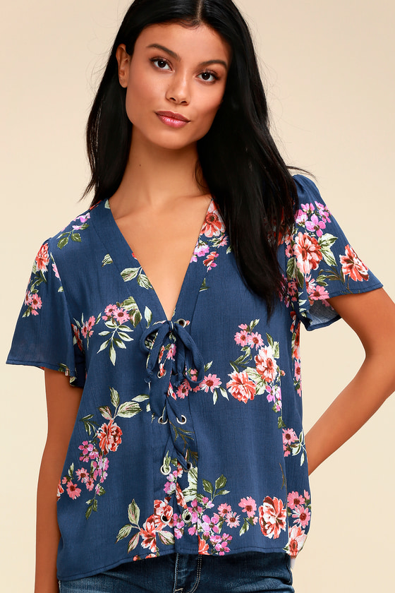 Cute Navy Blue Top - Floral Print Top - Lace-Up Top - Lulus