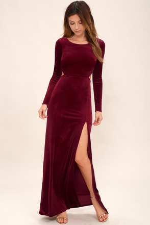 1220 Burgundy Red Velvet Maxi Dress With Open Back | thepadoctor.com